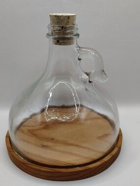 Cork-Top Glass Decanter Style Bank with Loop Handle and Wood Base